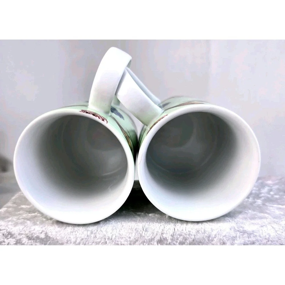 2014 VTG Pottery Barn 2 Coffee Mugs Bird Floral Kaleidoscope Green Nature Art‎